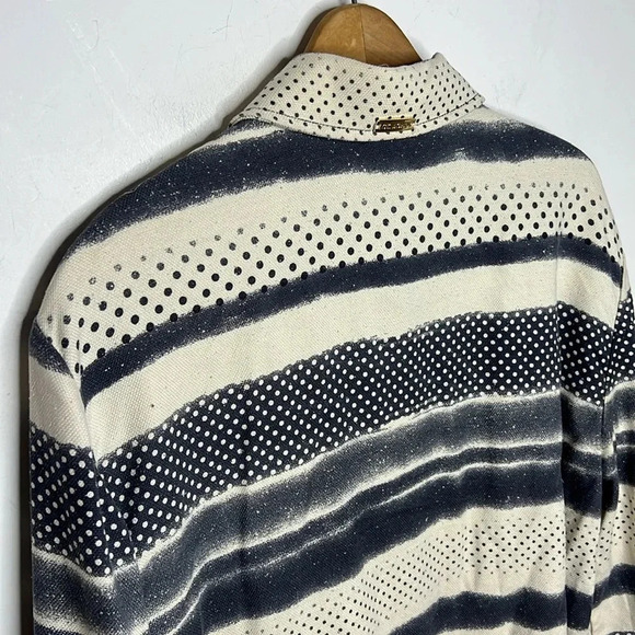 St. John Sport Marie Gray Mixed Print Striped Button Up Collard Blouse - Picture 7 of 12